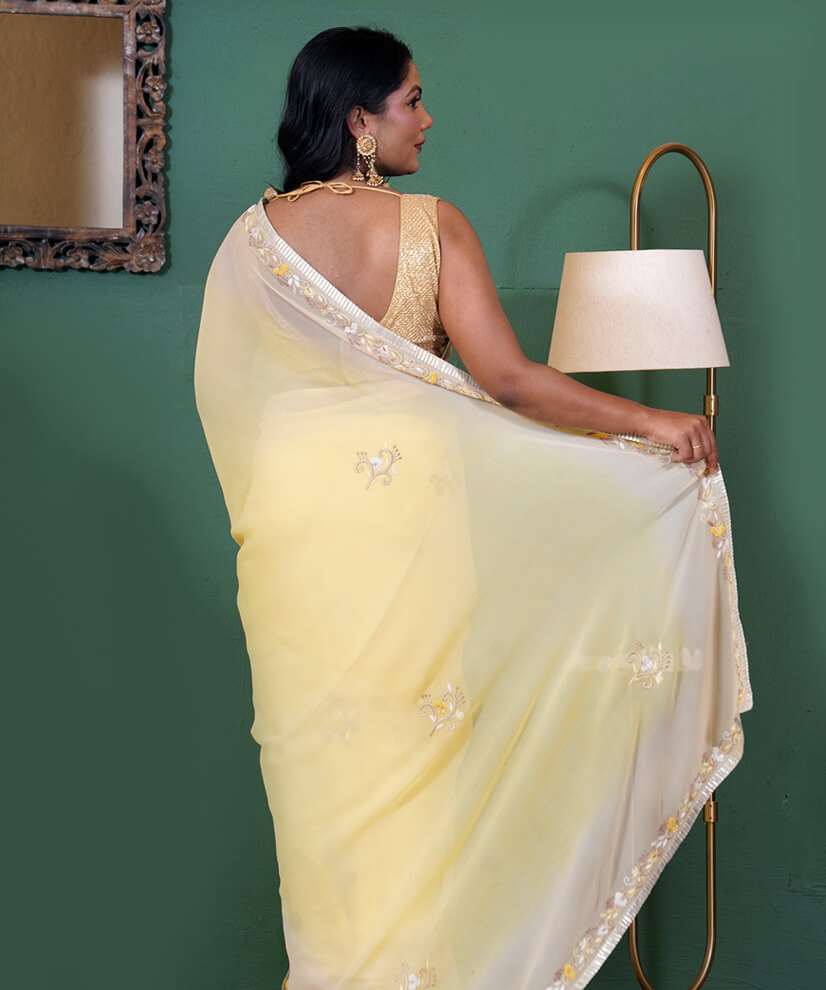 Lemon Yellow Aari Zardozi Hand-Embroidered Pure Georgette Saree - Image 5