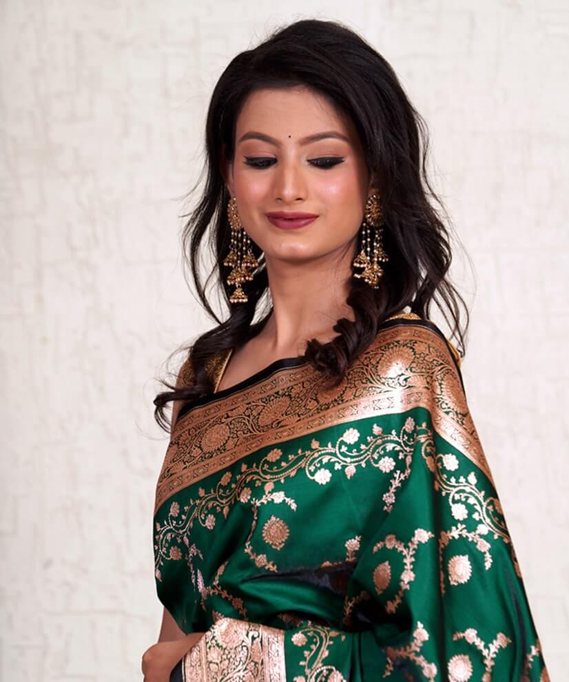 Emerald Green Banarasi Katan Silk Saree with Handwoven Zari Magic - Image 2