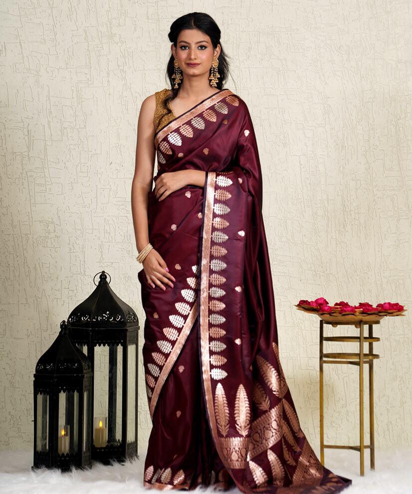Royal Wine Banarasi Katan Silk Saree – A Symbol of Grace & Sophistication
