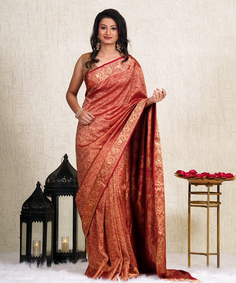 Burnished Gold Crushed Silk Banarasi Saree – A Wedding Showstopper