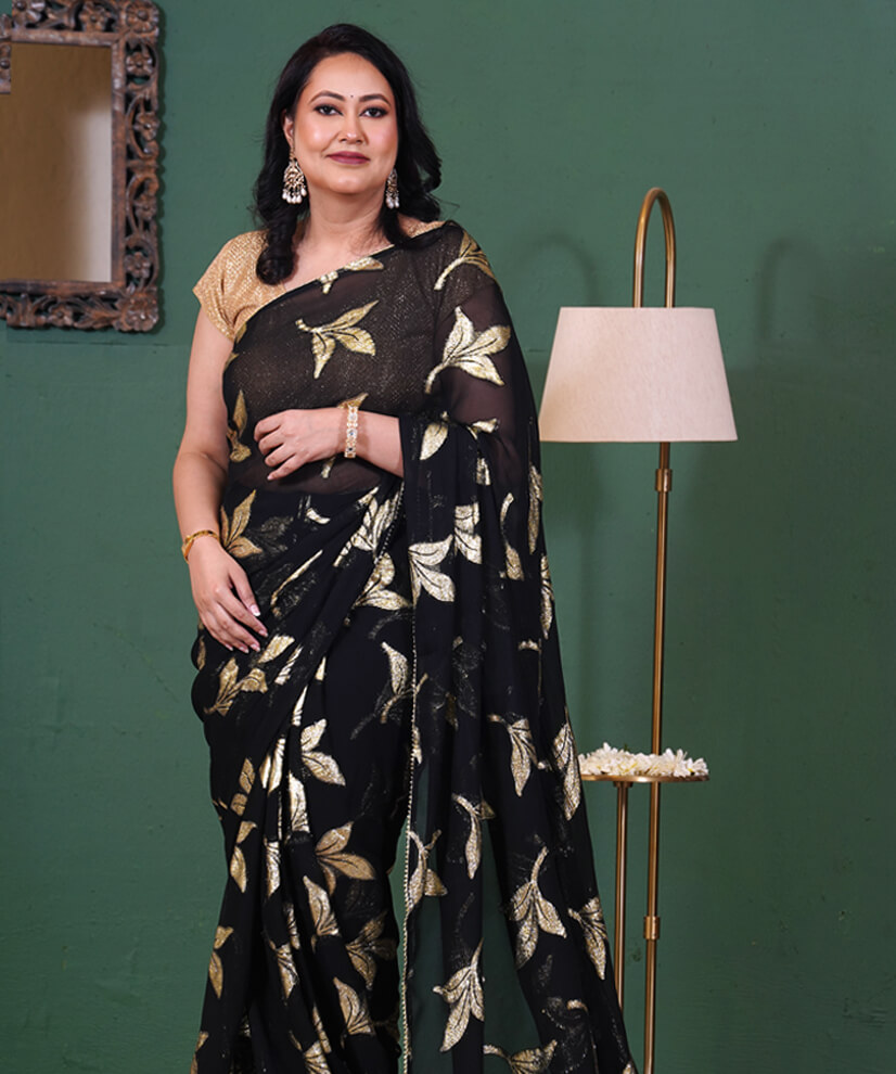 Midnight Noir Georgette Saree with Golden Botanical Print