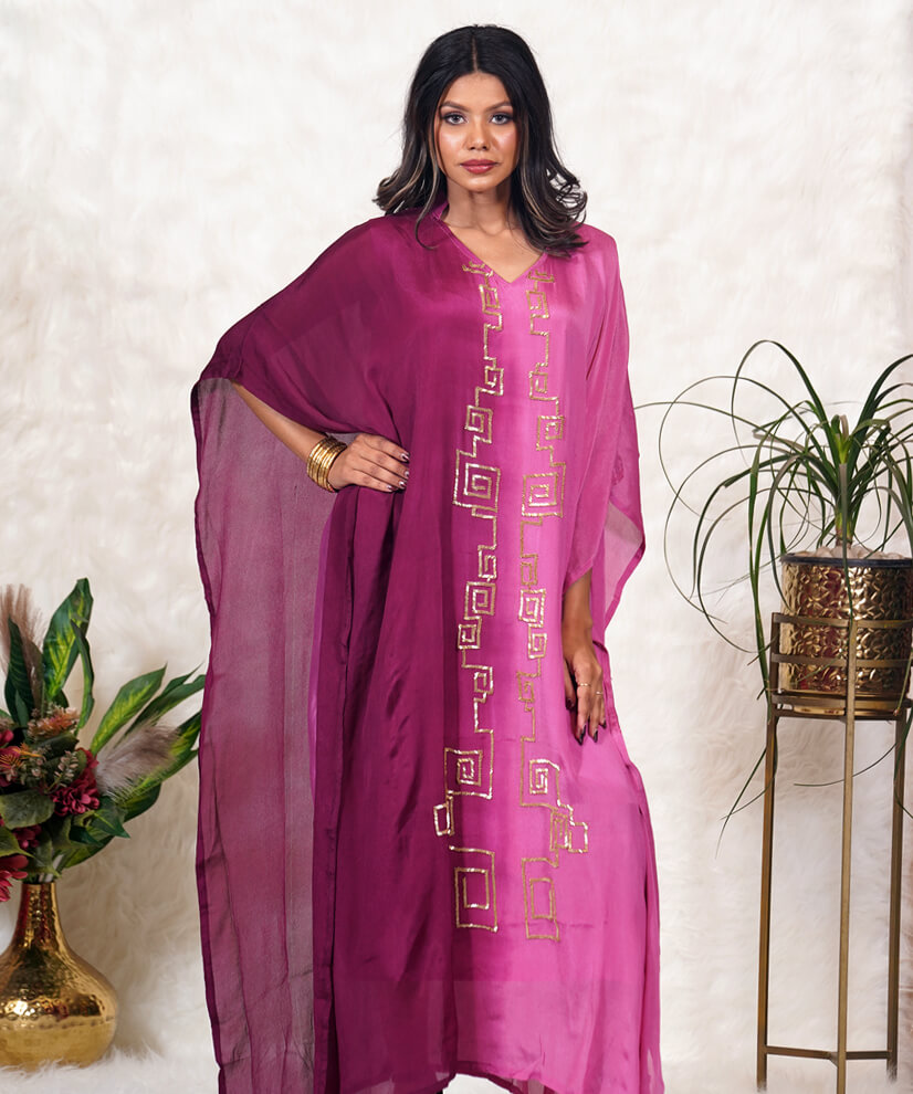 Magenta Ombre Kaftan with Gold Katdana Embroidery