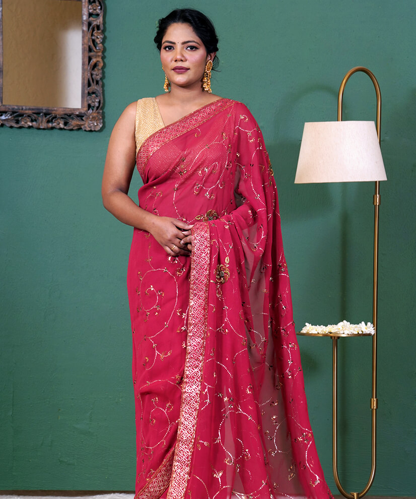 Crimson Zardozi & Mukesh Work Georgette Saree