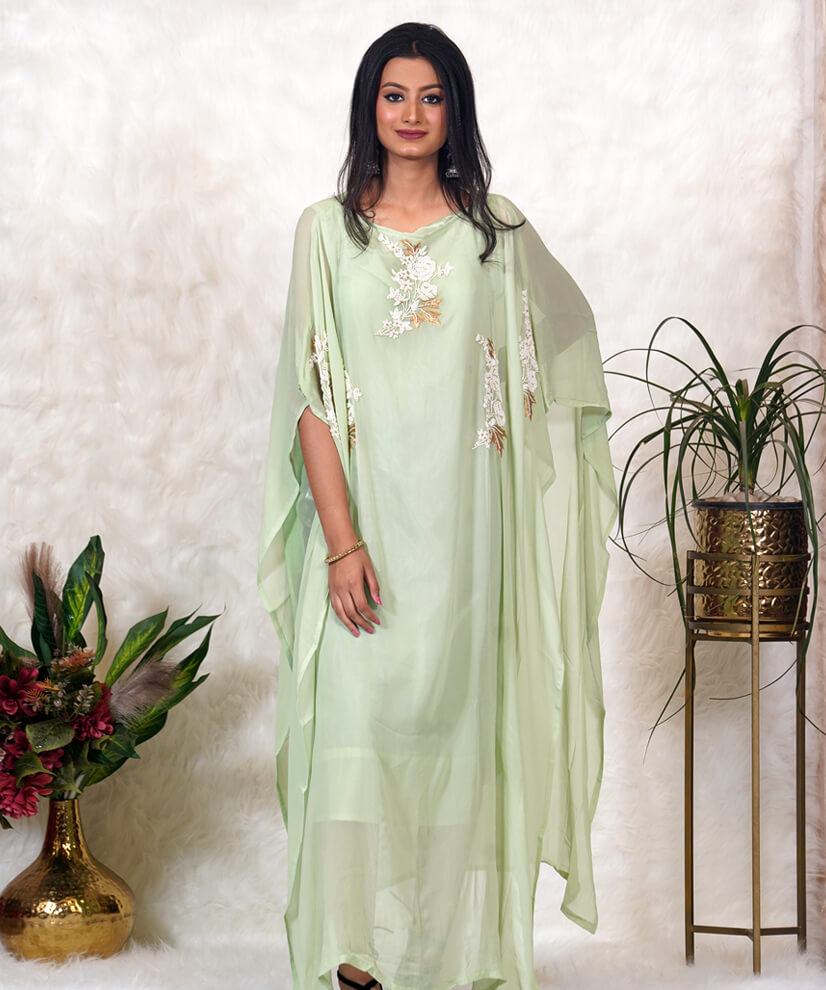 Pastel Green Flowing Kaftan with Delicate Floral Embroidery