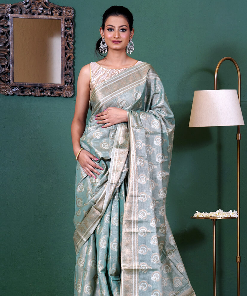 Timeless Teal Assam Monga Tissue Handwoven Saree