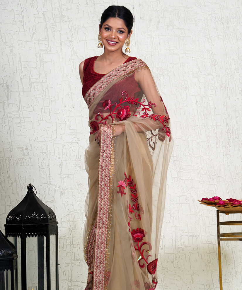 Champagne Beige Net Saree with Aari Zardozi Hand Embroidery