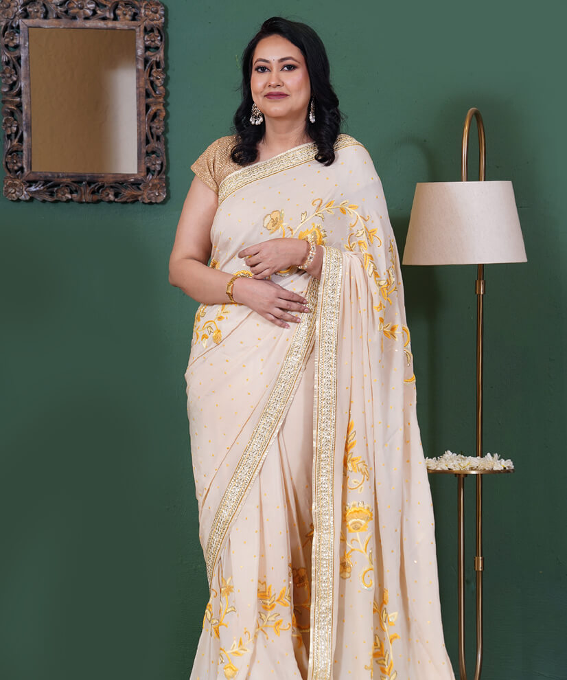 Ivory & Mustard Aari Zardozi Hand-Embroidered Pure Georgette Sare