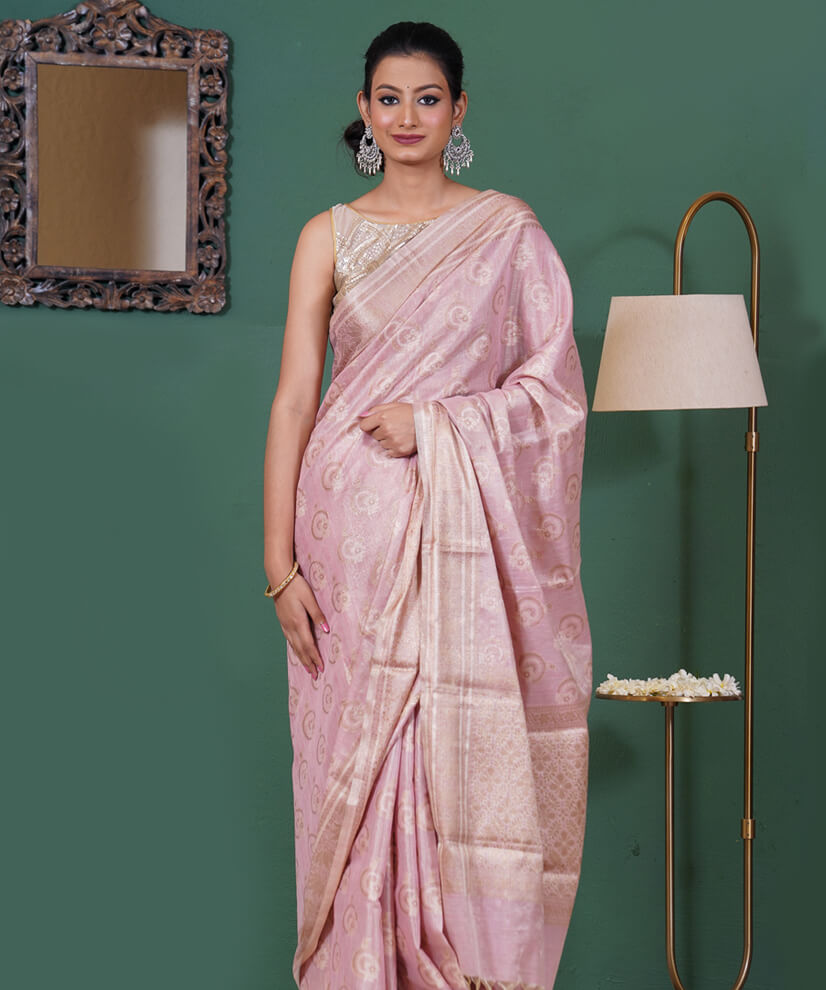 Blush Pink Assam Monga Tissue Handwoven Saree – Timeless Grace & Ethereal Charm