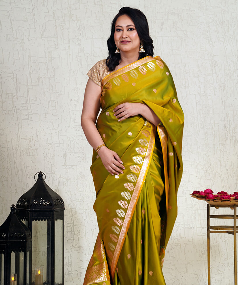 Olive Gold Banarasi Katan Silk Saree – Handwoven Masterpiece