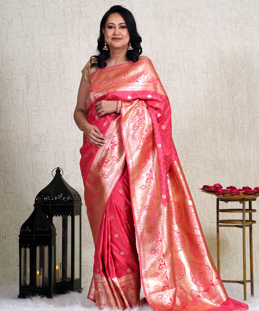 Rich Peach Banarasi Katan Silk Saree – Handwoven Elegance