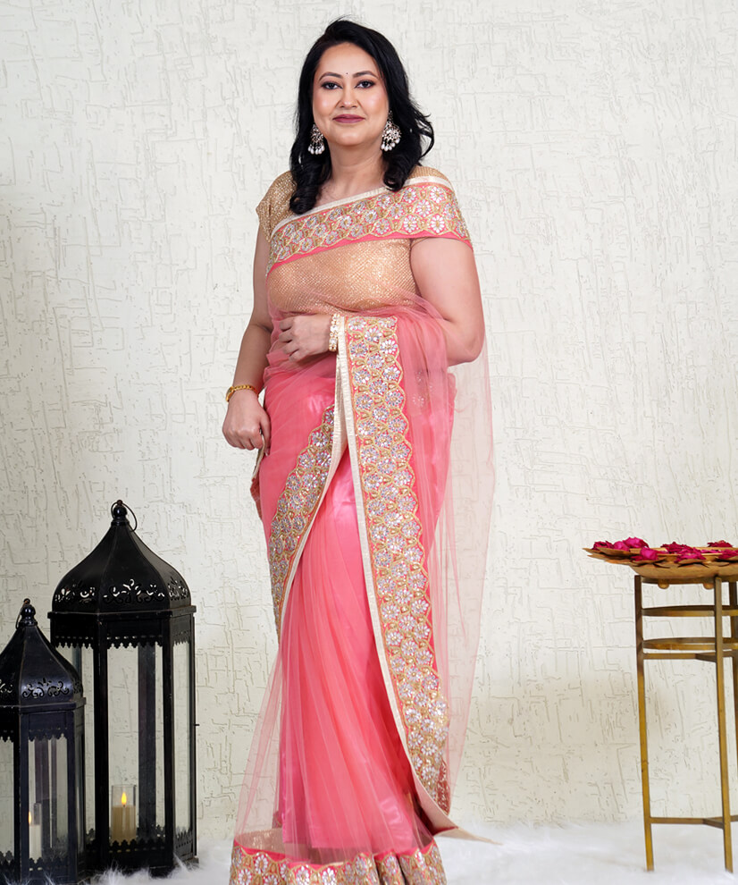 Coral Rose Net Aari Zardozi Saree – Ethereal Elegance