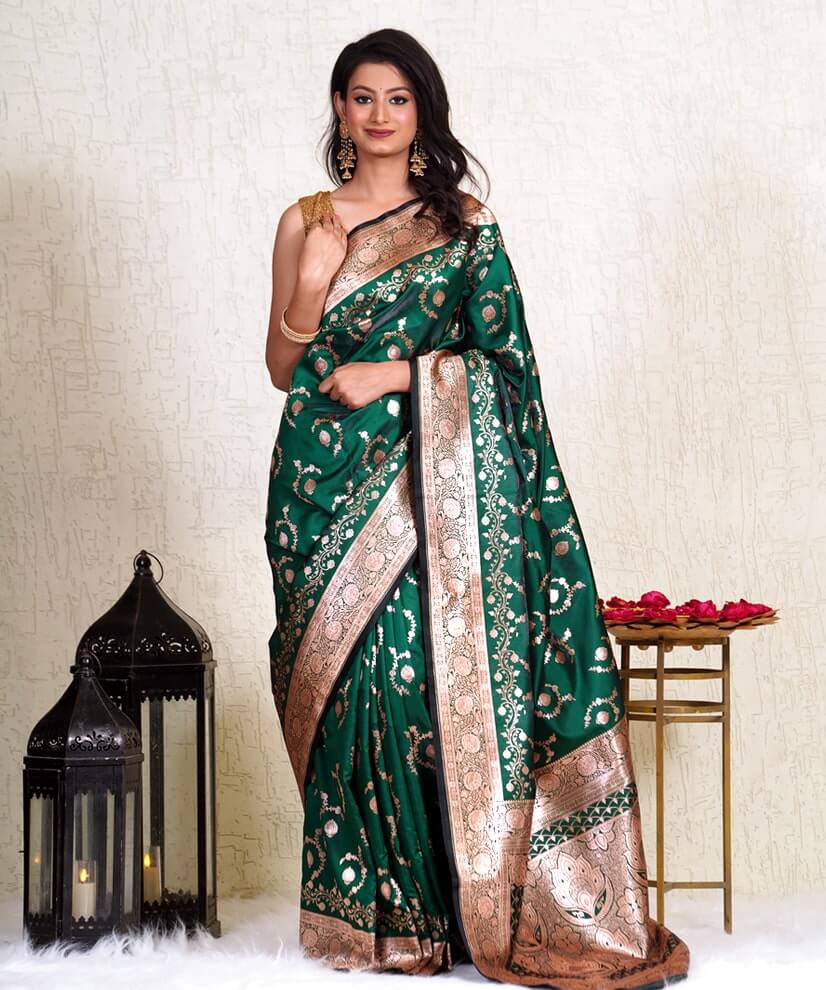 Emerald Green Banarasi Katan Silk Saree with Handwoven Zari Magic
