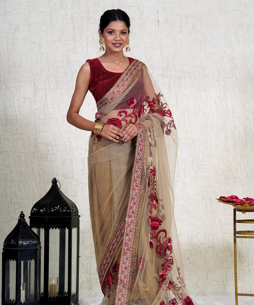 Champagne Beige Net Saree with Aari Zardozi Hand Embroidery - Image 2