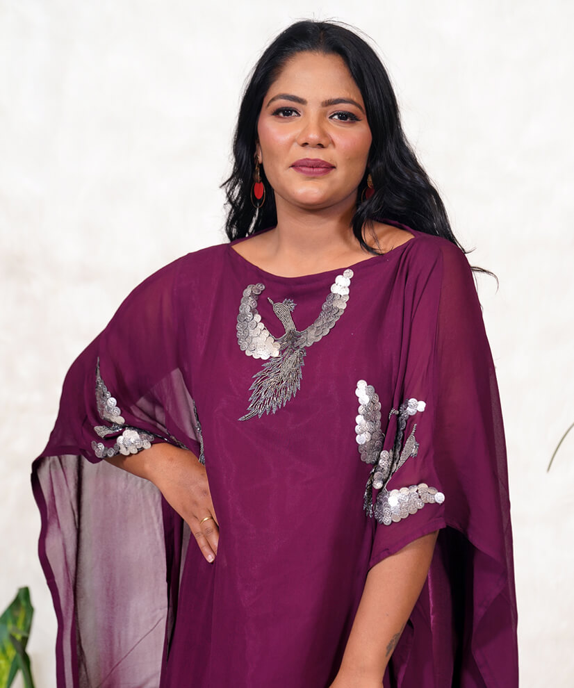 Royal Plum Kaftan with Handcrafted Embellished Birds - Image 3