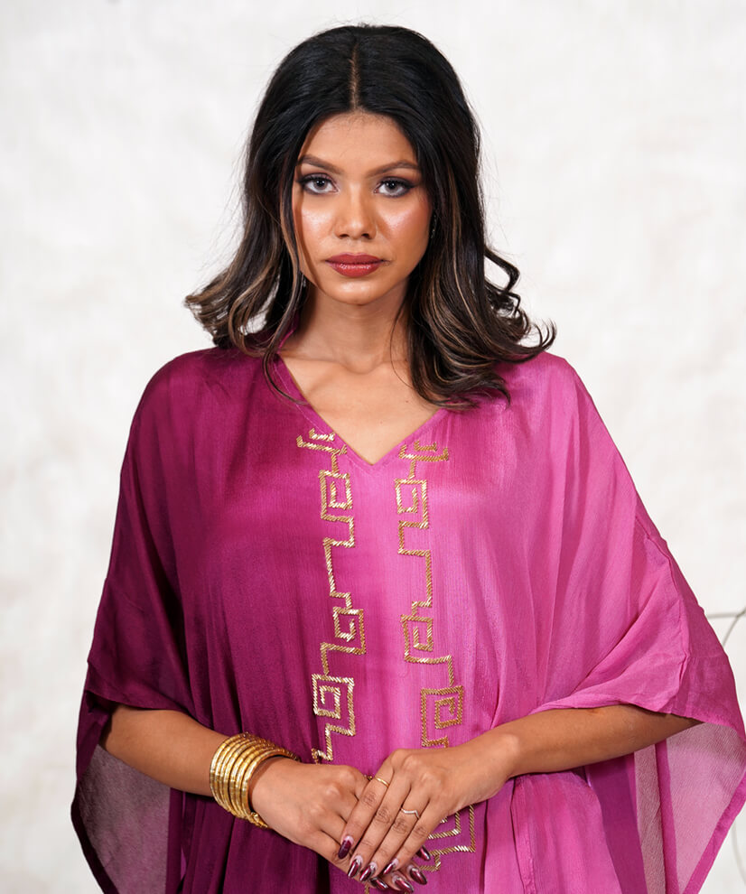 Magenta Ombre Kaftan with Gold Katdana Embroidery - Image 2
