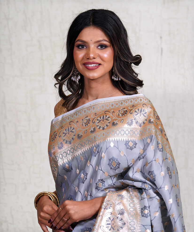 Regal Grey Banarasi Katan Silk Saree with Handwoven Jal Design - Image 2