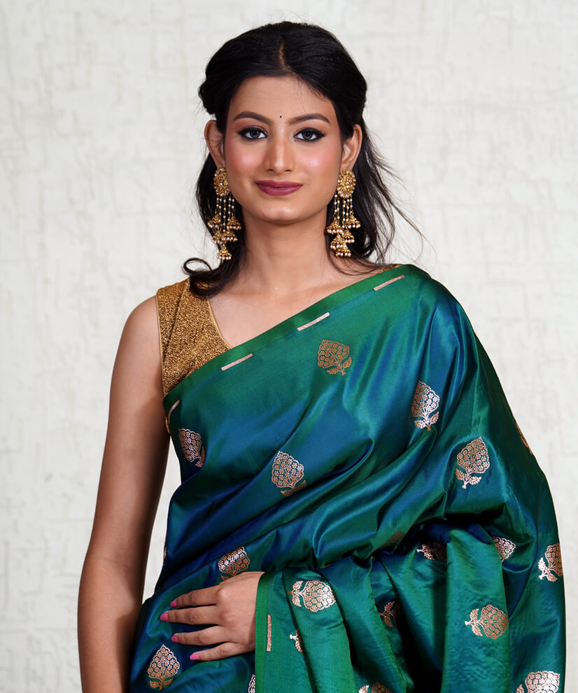 Peacock Banarasi Katan Silk Saree with Handwoven Zari Pallu - Image 2