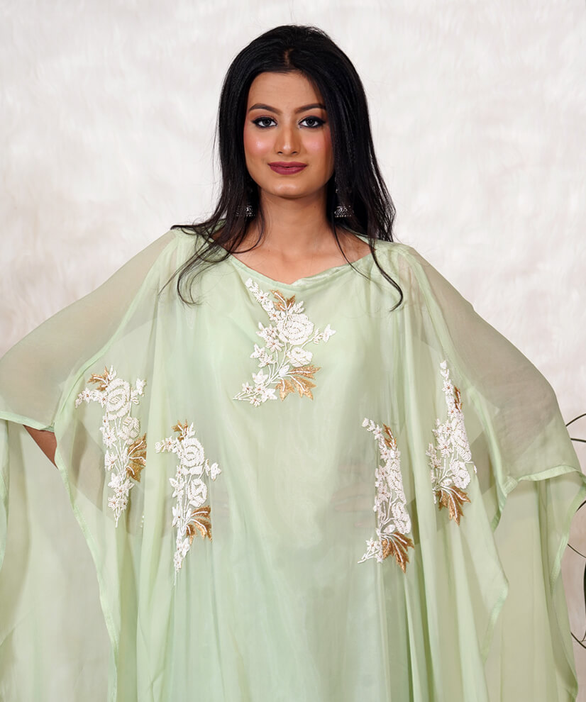 Pastel Green Flowing Kaftan with Delicate Floral Embroidery - Image 3