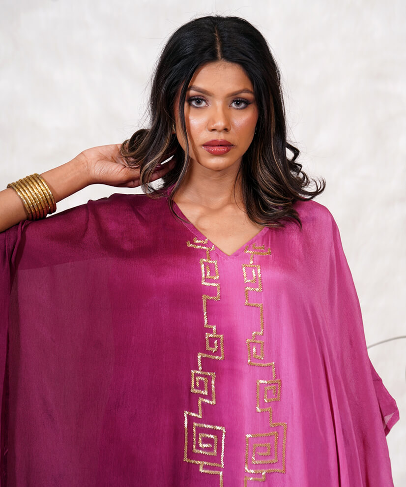 Magenta Ombre Kaftan with Gold Katdana Embroidery - Image 3