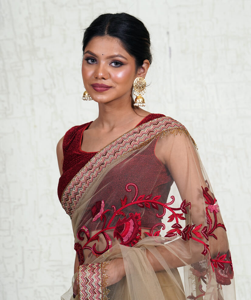 Champagne Beige Net Saree with Aari Zardozi Hand Embroidery - Image 3