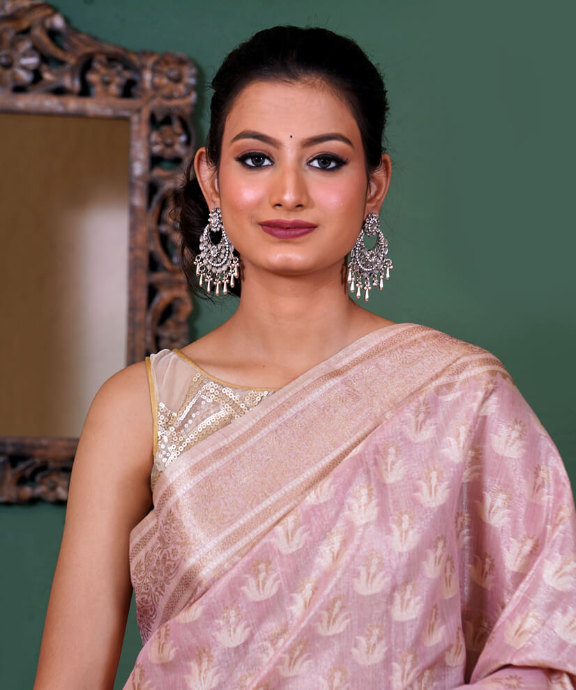 Blush Pink Assam Monga Tissue Handwoven Saree - Image 4