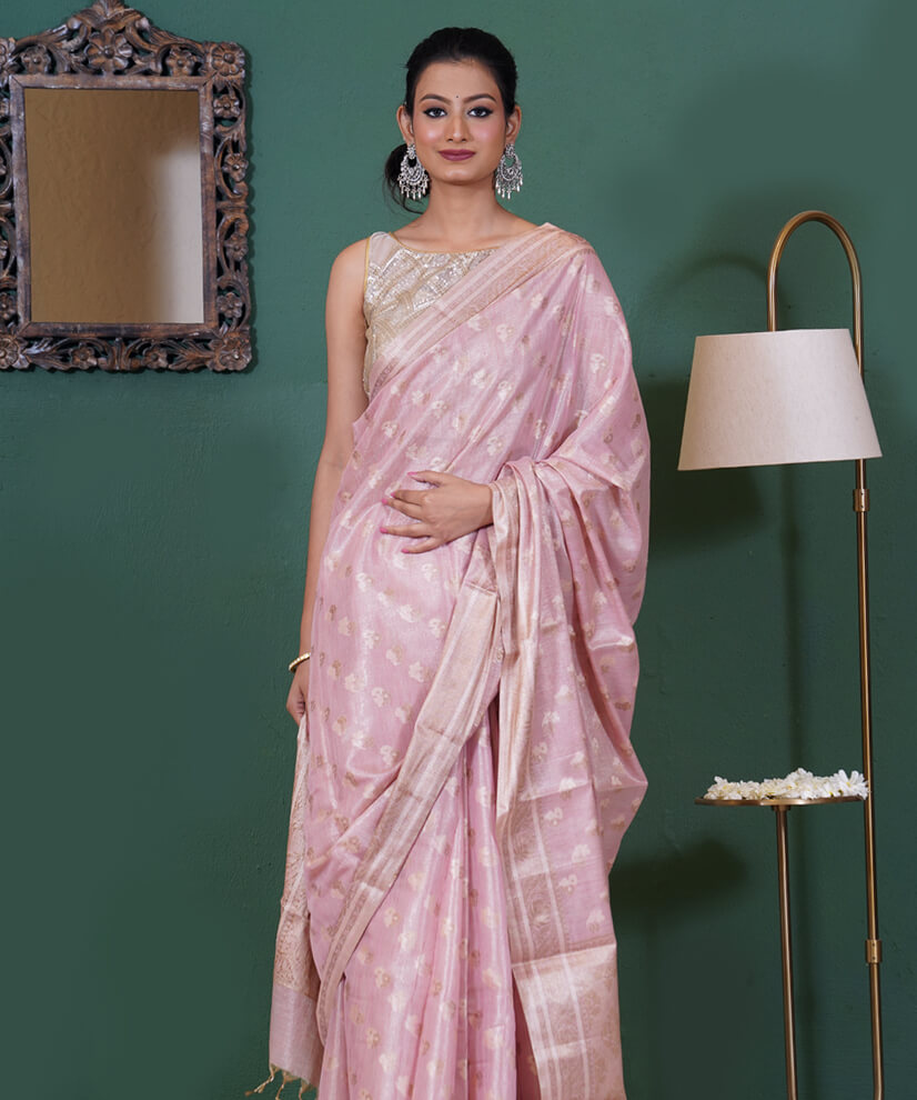 Blush Pink Assam Monga Tissue Handwoven Saree – A Delicate Feminine Charm