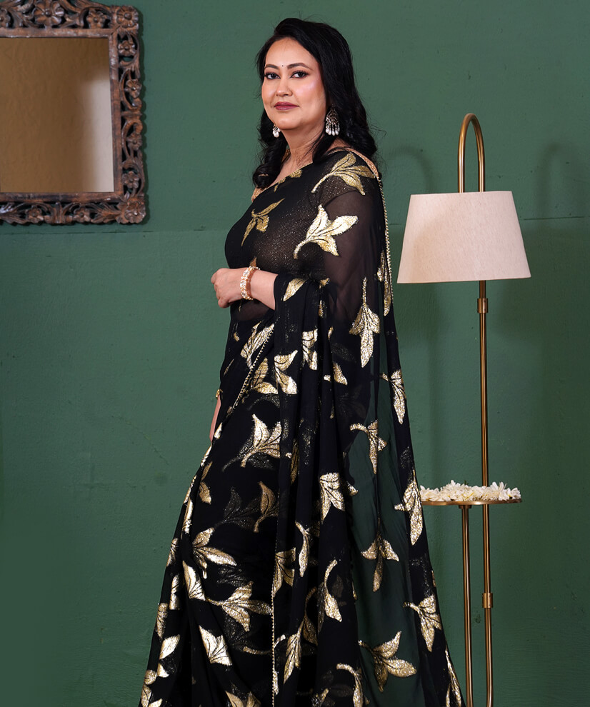 Midnight Noir Georgette Saree with Golden Botanical Print - Image 3