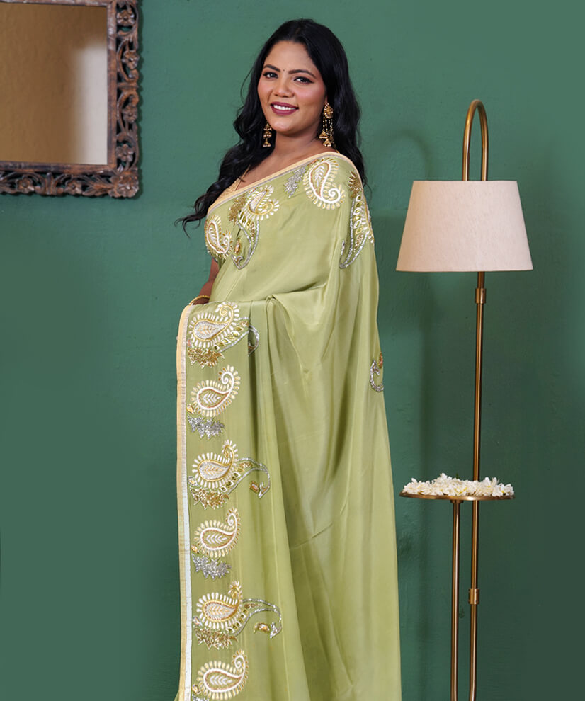 Timeless Olive Green Aari Zardozi Hand-Embroidered Crepe Saree - Image 3