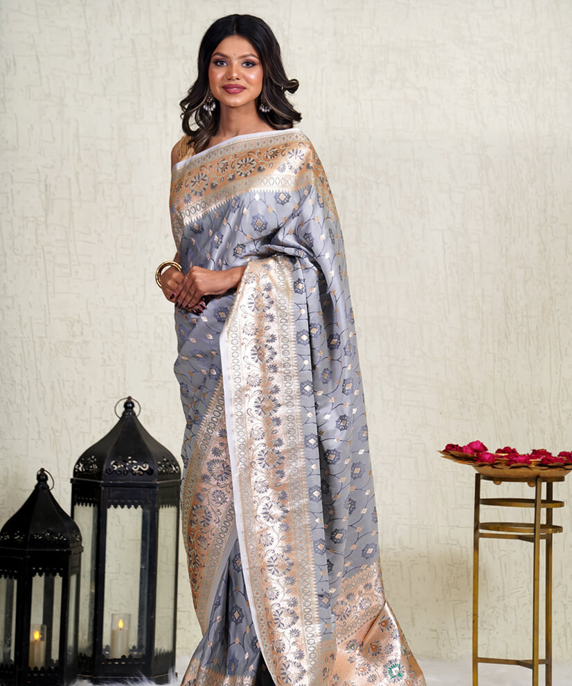 Regal Grey Banarasi Katan Silk Saree with Handwoven Jal Design - Image 3