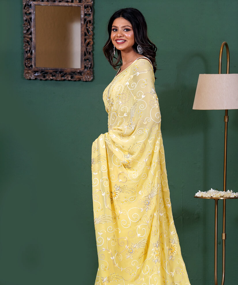 Sunlit Elegance Aari Zardozi Hand-Embroidered Georgette Saree - Image 4