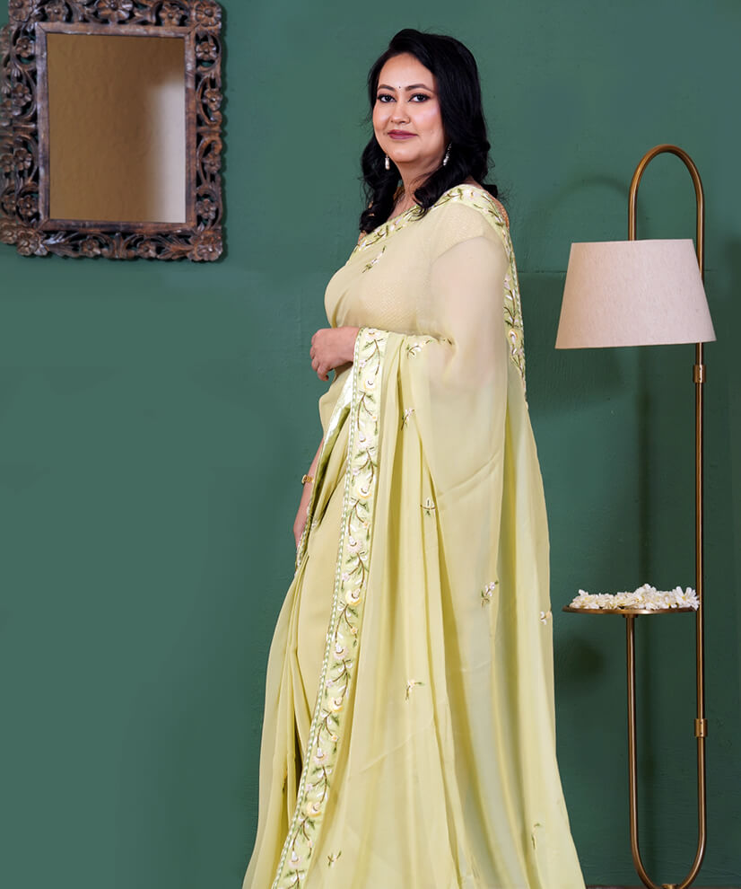 Pastel Lime Aari Zardozi Hand-Embroidered Georgette Saree - Image 3