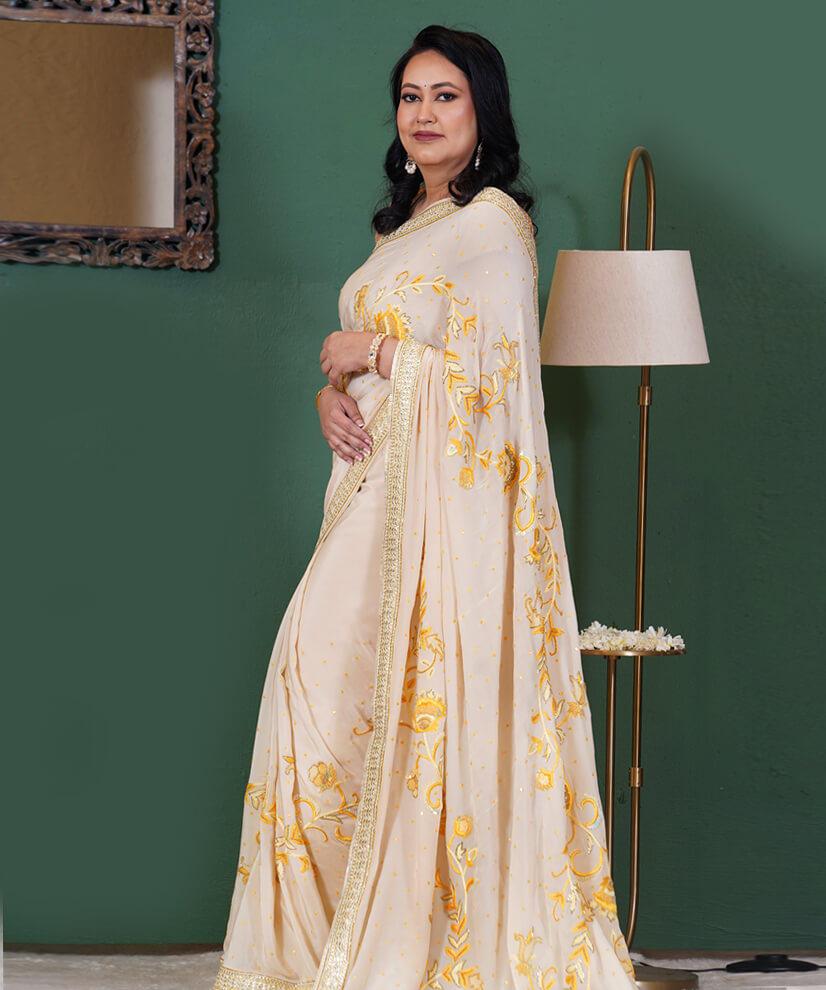 Ivory & Mustard Aari Zardozi Hand-Embroidered Pure Georgette Sare - Image 3