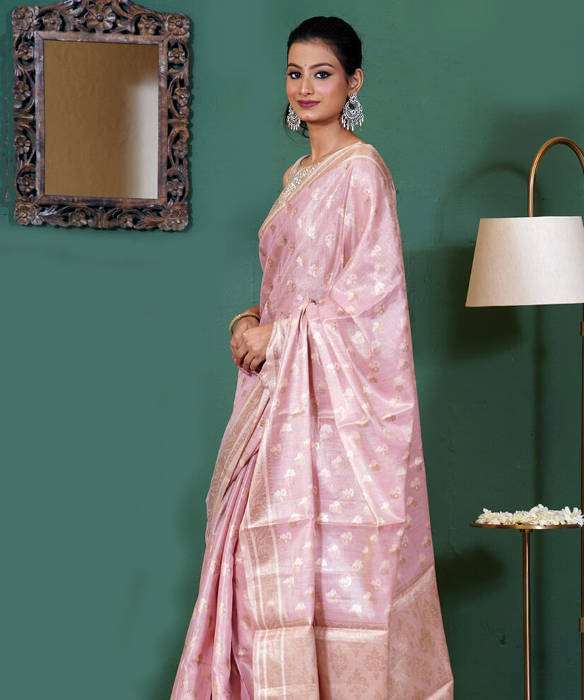 Blush Pink Assam Monga Tissue Handwoven Saree – Timeless Grace & Ethereal Charm - Image 3