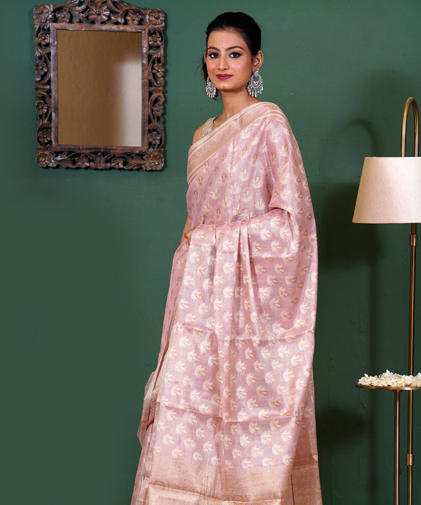 Blush Pink Assam Monga Tissue Handwoven Saree - Image 3