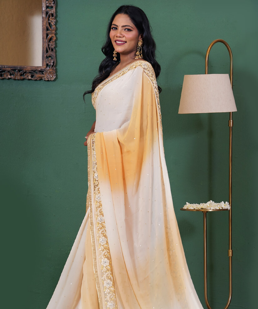 Ivory & Sunset Gold Aari Zardozi Hand-Embroidered Pure Georgette Saree - Image 3