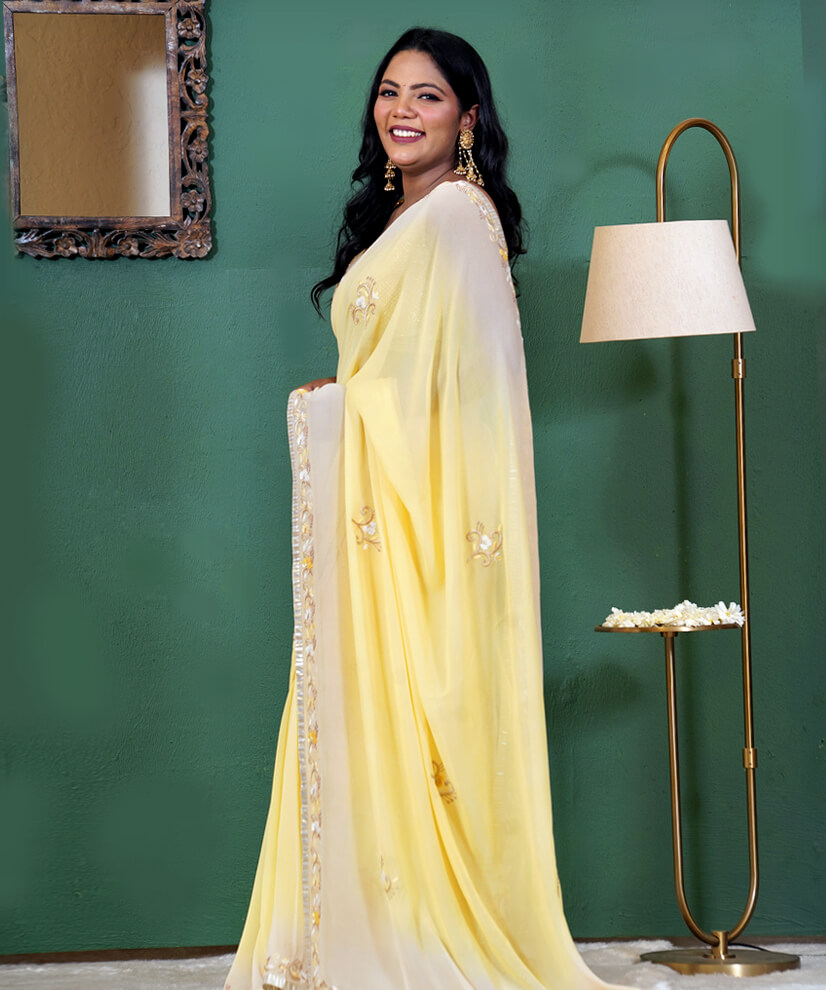 Lemon Yellow Aari Zardozi Hand-Embroidered Pure Georgette Saree - Image 3