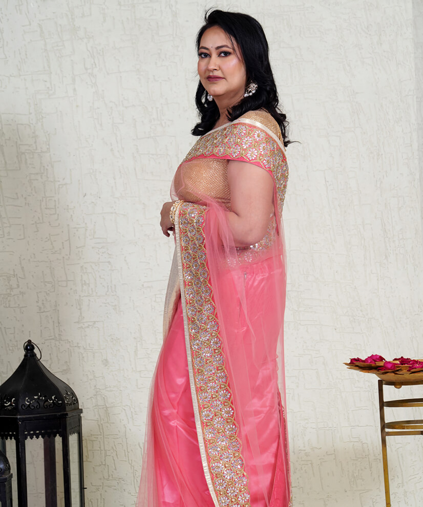 Coral Rose Net Aari Zardozi Saree – Ethereal Elegance - Image 2
