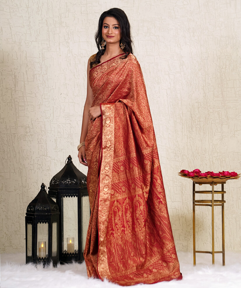 Burnished Gold Crushed Silk Banarasi Saree – A Wedding Showstopper - Image 3