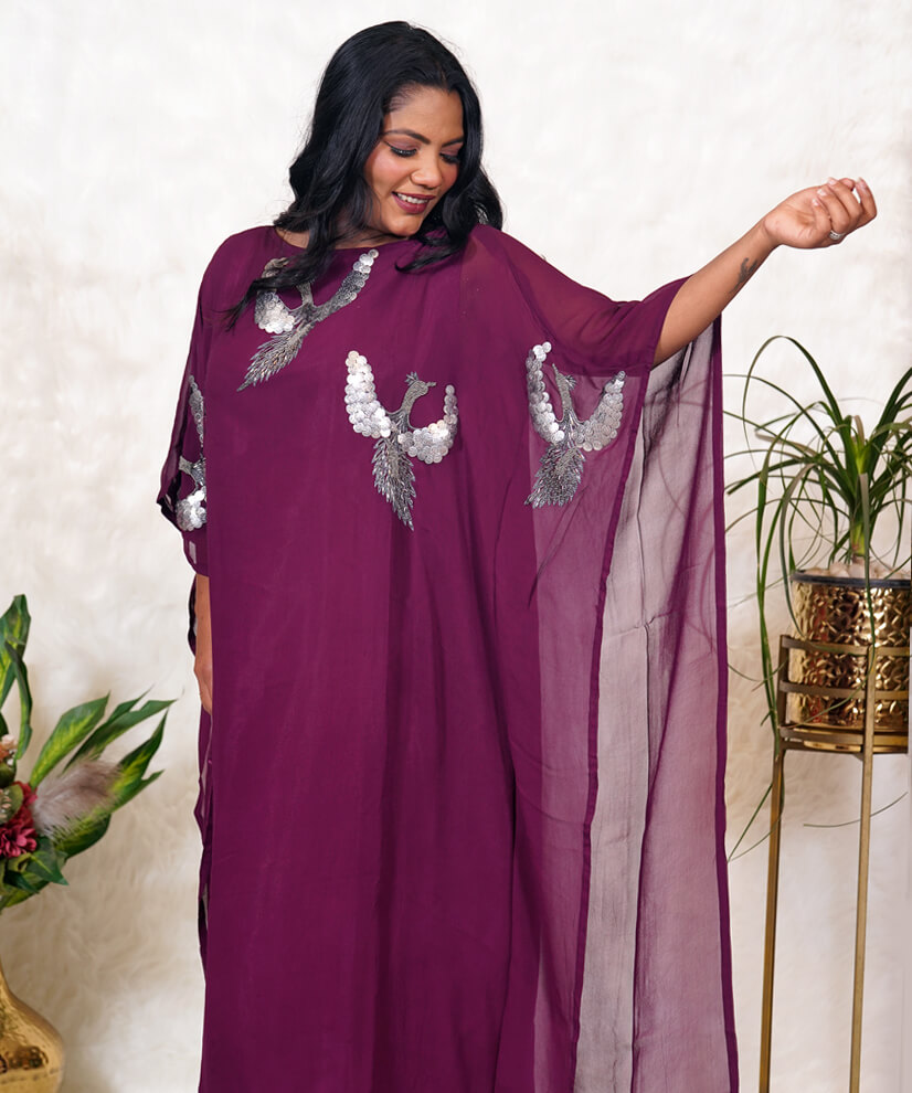 Royal Plum Kaftan with Handcrafted Embellished Birds - Image 2
