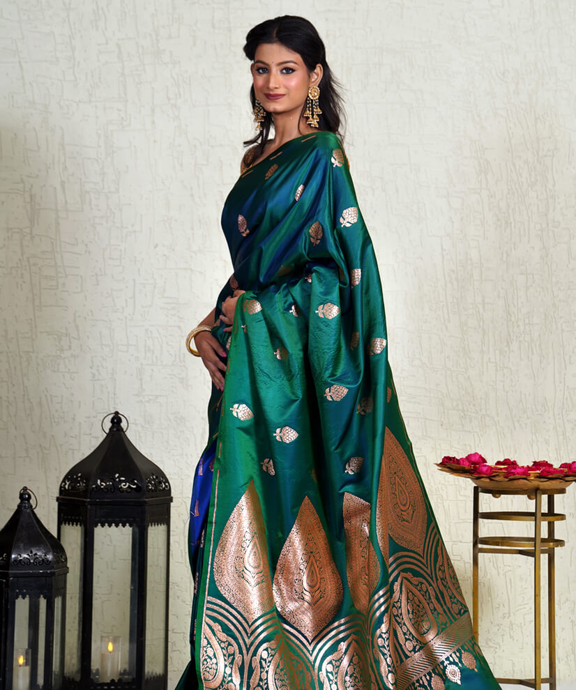 Peacock Banarasi Katan Silk Saree with Handwoven Zari Pallu - Image 3