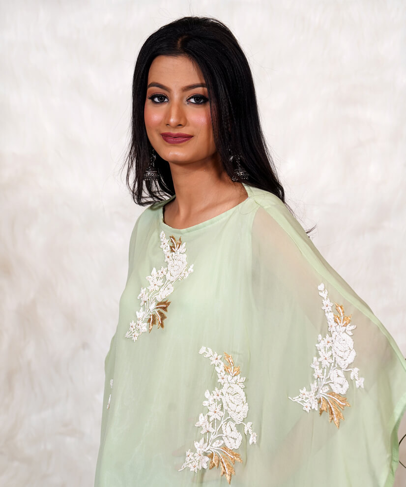 Pastel Green Flowing Kaftan with Delicate Floral Embroidery - Image 2