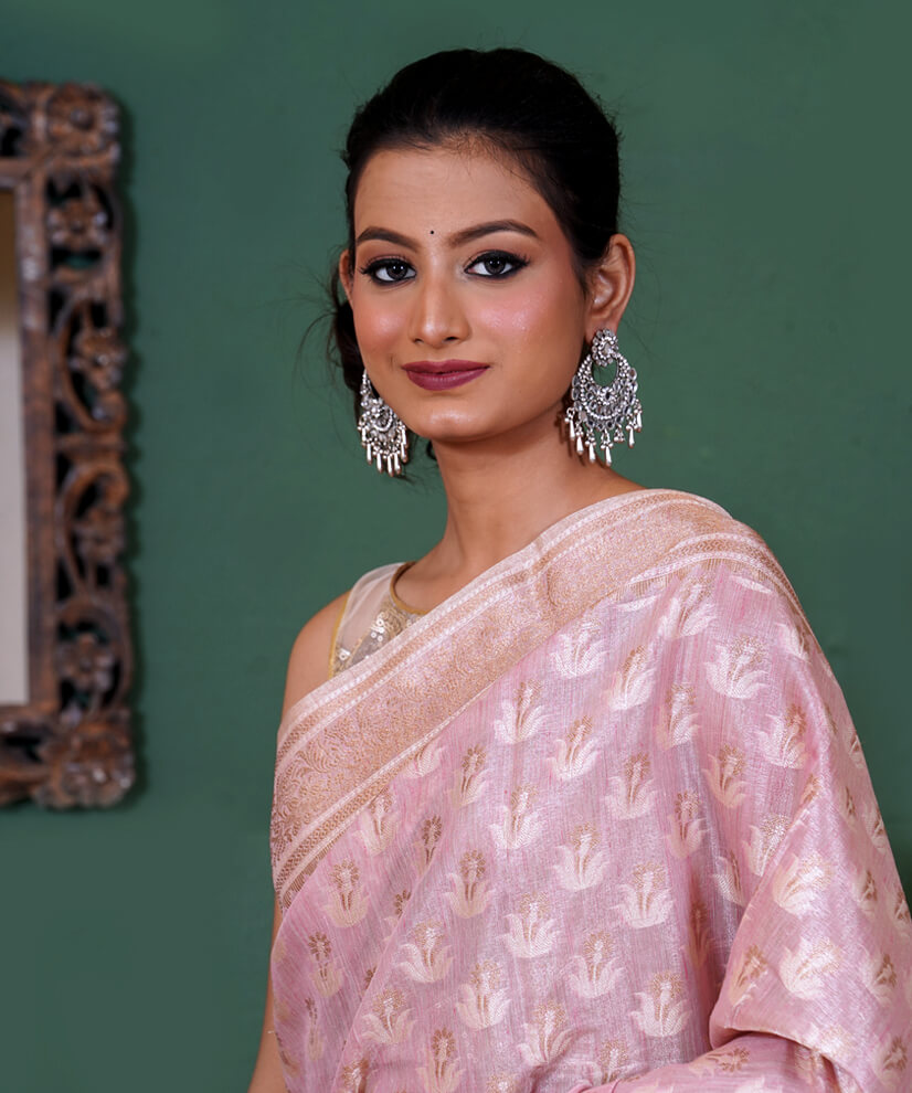 Blush Pink Assam Monga Tissue Handwoven Saree - Image 2