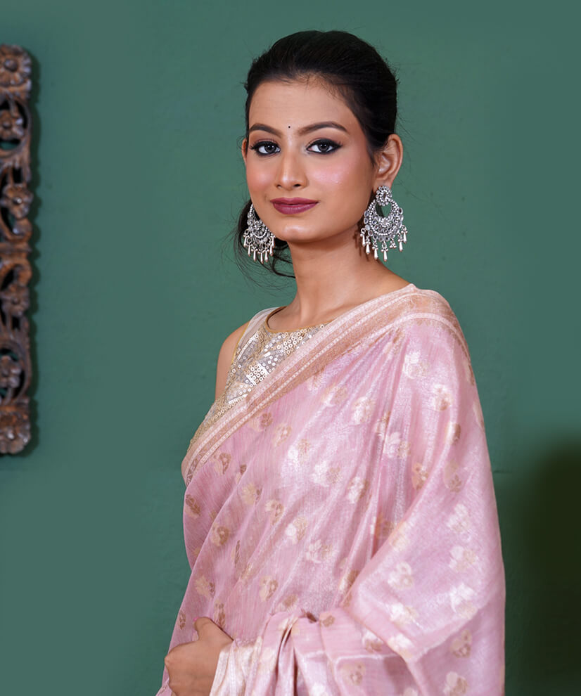 Blush Pink Assam Monga Tissue Handwoven Saree – A Delicate Feminine Charm - Image 2