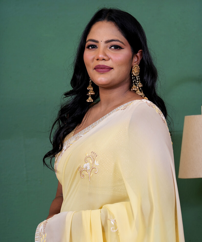 Lemon Yellow Aari Zardozi Hand-Embroidered Pure Georgette Saree - Image 2