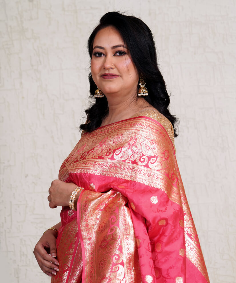Rich Peach Banarasi Katan Silk Saree – Handwoven Elegance - Image 3