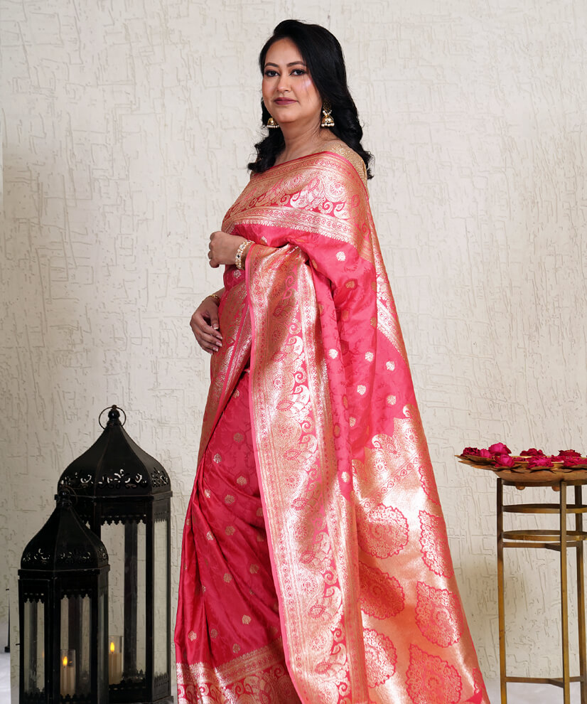 Rich Peach Banarasi Katan Silk Saree – Handwoven Elegance - Image 4