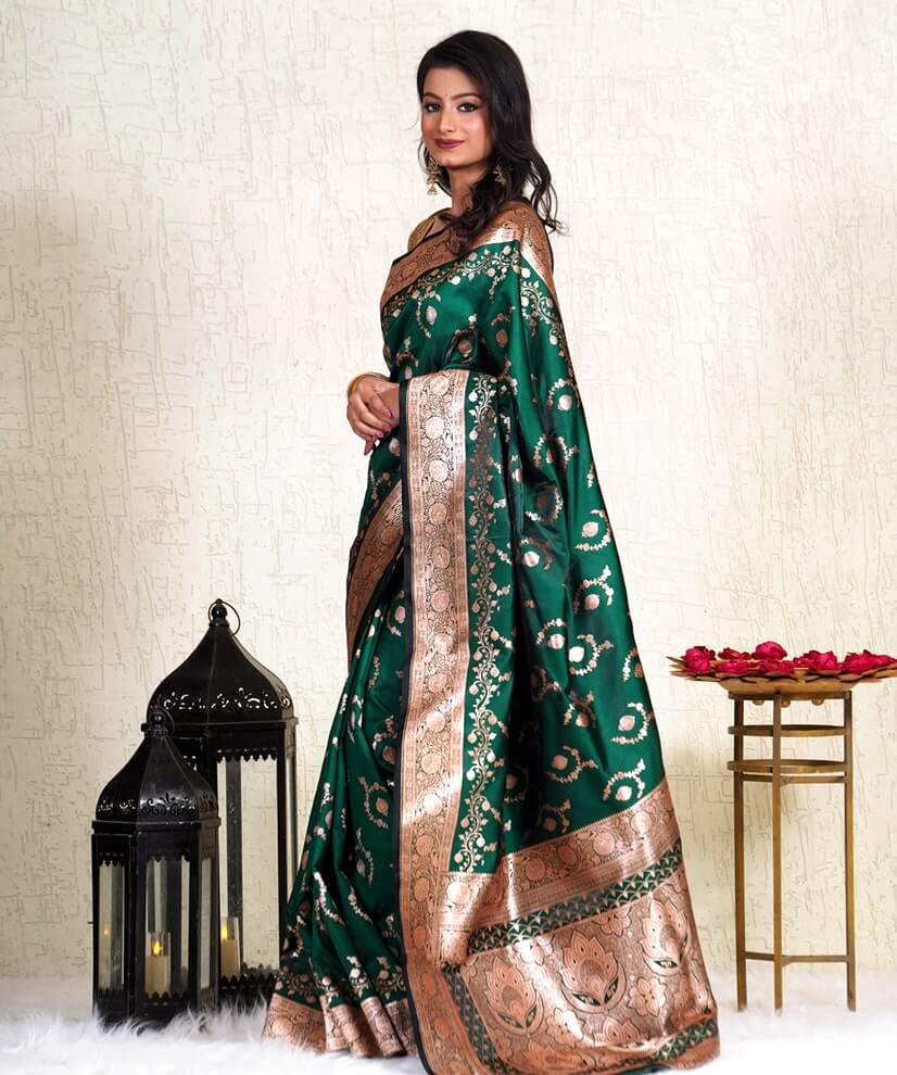 Emerald Green Banarasi Katan Silk Saree with Handwoven Zari Magic - Image 6
