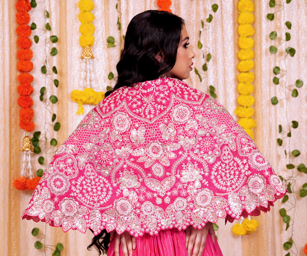 Hot Pink Embroidered Chinon Crop Top & Skirt Set with Cape Jacket - Image 5