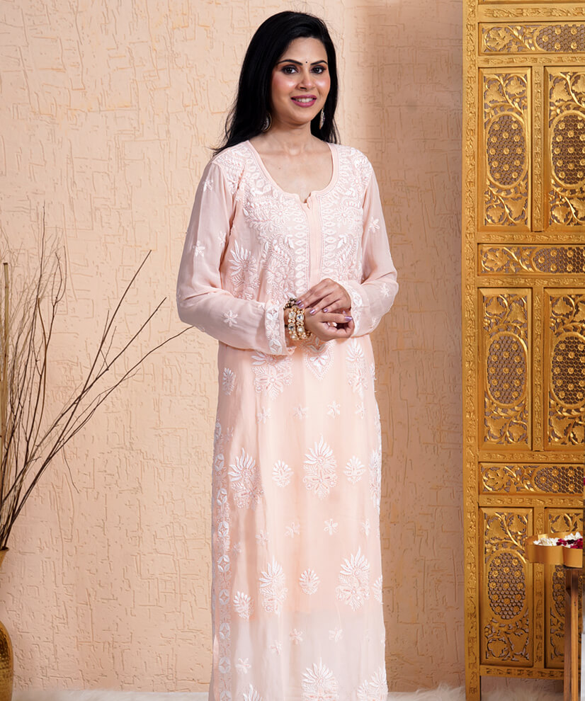 Blush Peach Georgette Chikankari Kurti with Katdana Accents