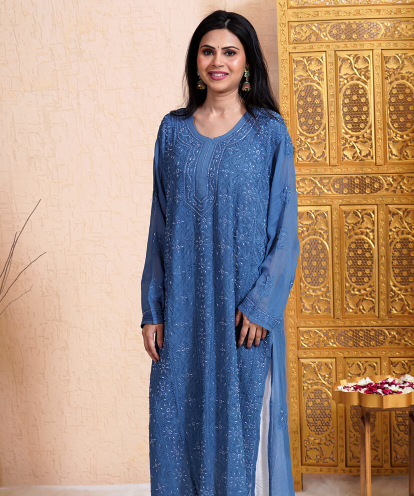 Midnight Blue Georgette Chikankari Kurti – Elegance with Sparkling Katdana